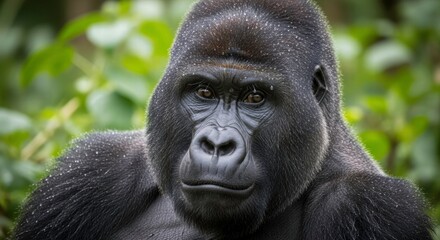 Majestic Gorilla Portrait: A close-up portrait of a powerful gorilla, its intelligent eyes conveying a sense of calm and self-awareness amidst a backdrop of lush green foliage. 