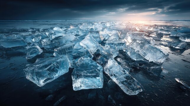 Dynamic background of broken ice in dark concept. Scattered ice pieces glisten under a dramatic cloudy sky at dusk.