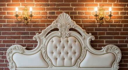 Ornate headboard on brick wall with lights with luxury decor.