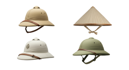 Variations of traditional headdress types, pith helmet and conical hat display