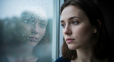 Melancholy Reflection: A woman gazes pensively out of a rain-streaked window, her face mirroring the somber mood of the day, conveying a sense of quiet introspection and emotional depth.