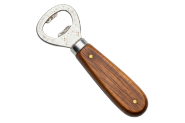 Vintage-style bottle opener with a rustic wooden handle isolated with transparent background