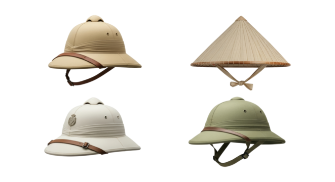 Variations of traditional headdress types, pith helmet and conical hat display
