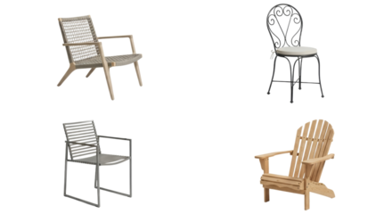 Selection of outdoor chairs exhibiting various styles and material usage