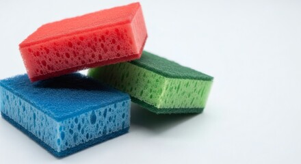 Colorful Cleaning Sponges Stacked on White Surface.