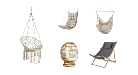 Collection of modern hanging chairs and outdoor loungers for relaxed seating