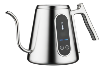 Smart electric gooseneck kettle with a digital temperature display isolated with transparent background