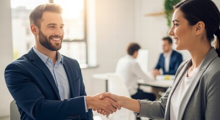 Obraz premium Professional Handshake: In a well-lit office, a businessman and businesswoman seal a deal with a firm handshake, symbolizing partnership and agreement. The focus is on this important gesture.