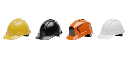 Row of colorful protective helmets for industrial safety on white surface
