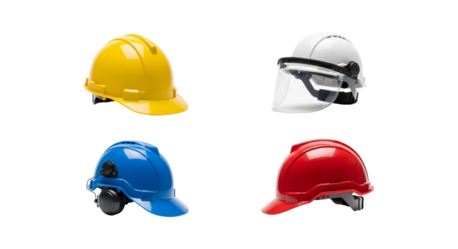 Four colorful hard hats on a clean white background, representing safety gear