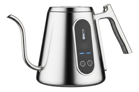 Smart electric gooseneck kettle with a digital temperature display isolated with transparent background
