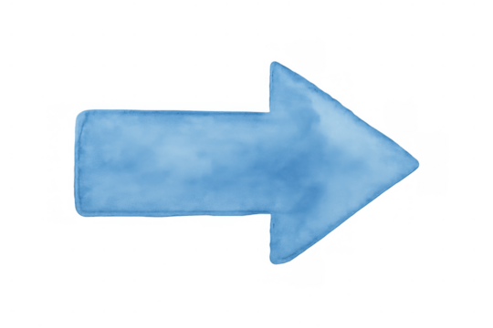 Blue watercolor arrow icon pointing right on transparent background, providing direction or navigation