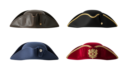 Collection of decorative tricorn hats symbolizing historical fashion and authority