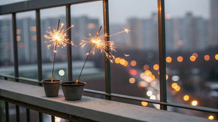 Minimal balcony rail sparklers potted holder urban dusk bokeh festive glow cozy mood