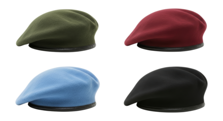 Diverse selection of berets, showcasing varying colors and styles on display