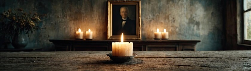 Lone candle slowly melting before portrait concept. A serene candlelit scene with warm ambiance and rustic decor.