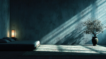 Pre bed stretch yoga mat by bed gentle lamp plant silhouette serene