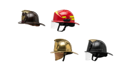 Assortment of fire fighter safety helmets in various colors and styles