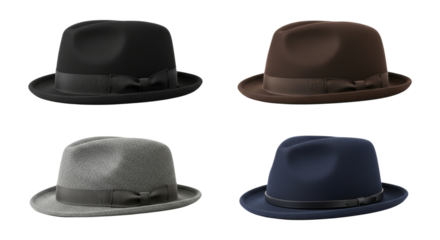 Collection of stylish fedora hats in varying colors on white background