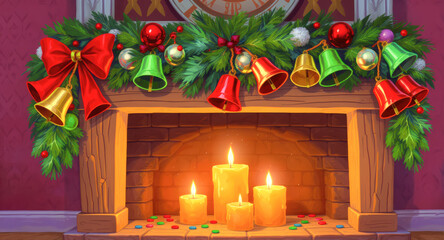 Festive garland with red bow, colorful sleigh bells, and glowing candles on brick fireplace mantle, creating warm holiday atmosphere