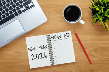 2026 Happy New Year Resolution Goal List and Plans Setting - Business office desk with notebook written about plan listing of new year goals and resolutions setting. Change and glee concept.
