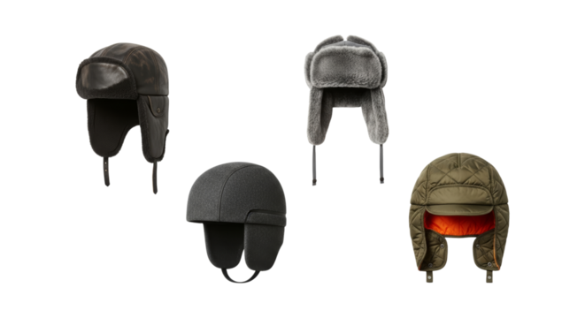 Isolated selection of stylish winter trapper hats on a clean background