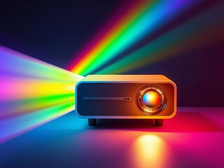 Colorful projector icon with a rainbow light beam, suggesting vibrant displays and creativity,  icon, projector