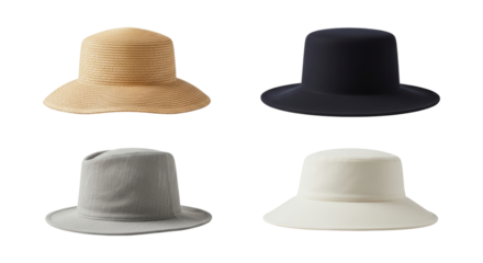 Selection of stylish sun hats on a white backdrop for summer fashion