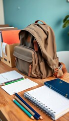 Comfortable backpack on a wooden desk with notebooks and pencils,  student,  wood
