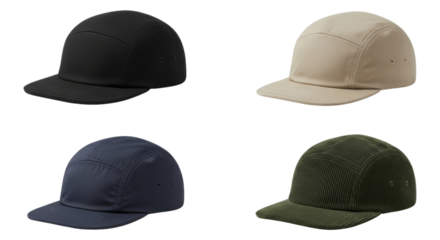 Assorted five-panel caps displaying different hues and textured fabrics