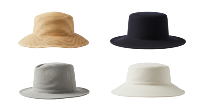 Selection of stylish sun hats on a white backdrop for summer fashion