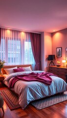 Cozy apartment bedroom with warm lighting and plush furnishings,  warm,  interior