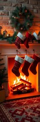 Cozy fireplace with stockings hung, warm glow illuminating the festive scene ,  home,  cozy