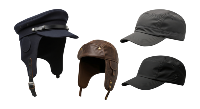 Diverse headwear assortment showcasing various styles and materials on white backdrop