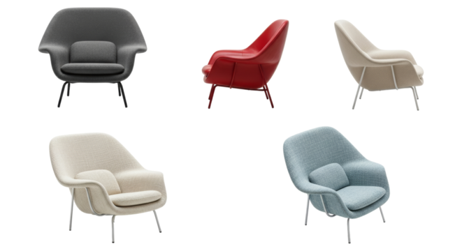 Collection of stylish contemporary chairs with minimalist design concept, isolated