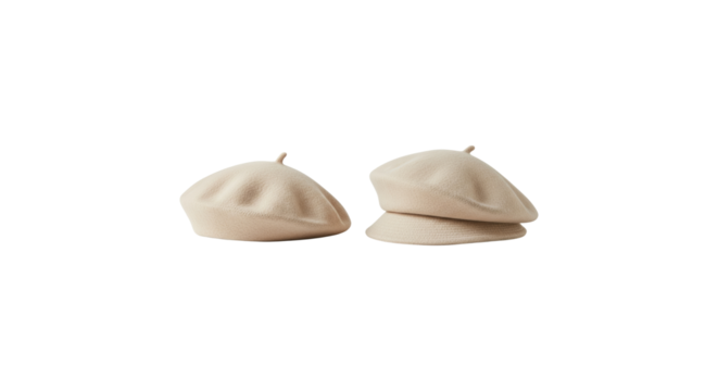Elegant beige berets showcased on a pristine white backdrop, a stylish headwear