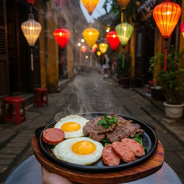 hot plate of bo ne (Vietnamese sizzling steak and eggs) with a thin steak, fried eggs, pate, and Vietnamese sausage, arriving at a table in a Hoi An alley. The dramatic steam and vibrant colors are il