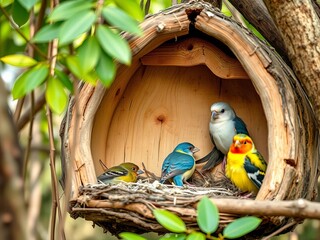 Cozy, layered avian shelter in natural setting,  peace,  rustic