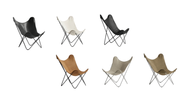 Set of butterfly chairs in varying colors and materials against plain backdrop