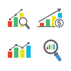 Visualizing Growth and Analysis: A collection of vibrant graphics showcasing business charts, magnifying glass, and financial growth, symbolizing market trends and economic analysis. 