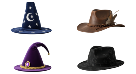 Collection of diverse headwear, from mystical to adventurer, unique and creative