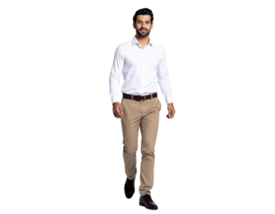 Confident young man in smart casual attire walking forward with a determined expression.