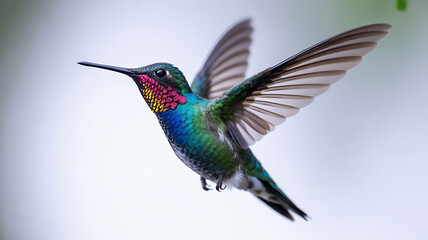 Fototapeta premium A vibrant hummingbird with iridescent feathers hovers midair, wings outstretched