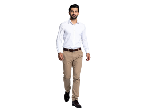 Confident young man in smart casual attire walking forward with a determined expression.
