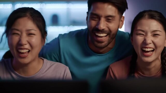 Three people laugh at a computer in a modern setting; could be used for gaming or online fun