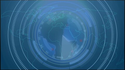 Blue Futuristic Radar Interface with Earth and Global Map Overlay globe digital animation. High-Tech Animated Radar Target Circle Interface with Futuristic Tracking System - Powered by Adobe