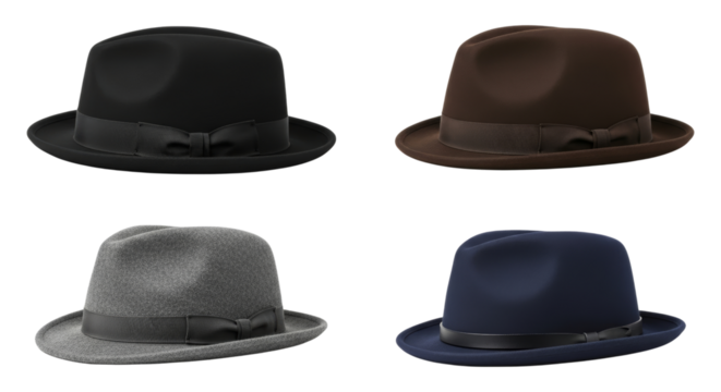 Collection of classic style fedora hats in varied colors on white surface
