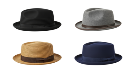 Diverse collection of stylish hats showcasing various colors and materials on white