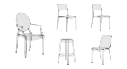 Transparent acrylic chairs and stool assortment isolated on white backdrop