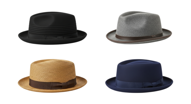 Diverse collection of stylish hats showcasing various colors and materials on white